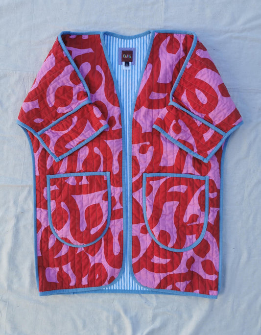 QUILT COAT - Size S - Bold Red and Pink Print with Striped Lining