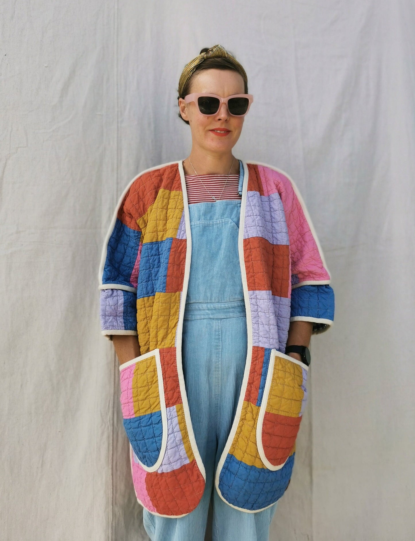 QUILT COAT - Size S - Patchwork Quilted Floral Cotton with Gingham Lining