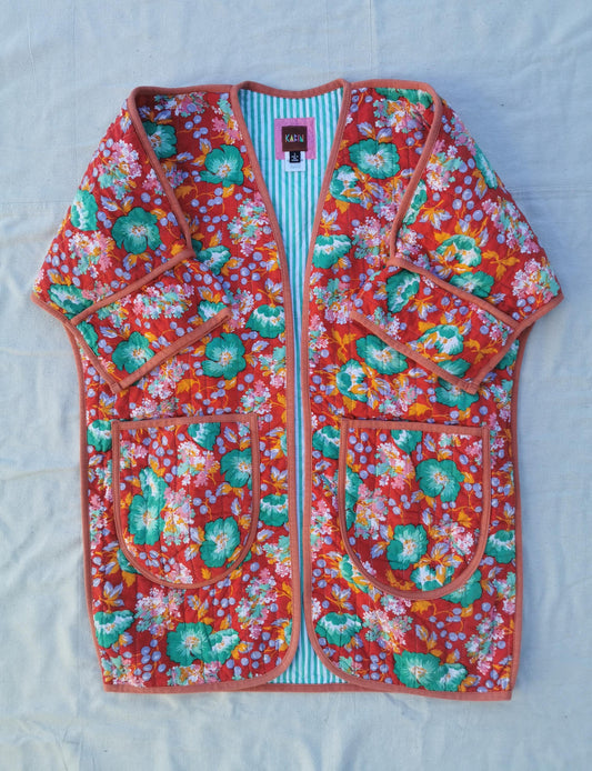 QUILT COAT - Size S - Red Floral Print with Striped Lining