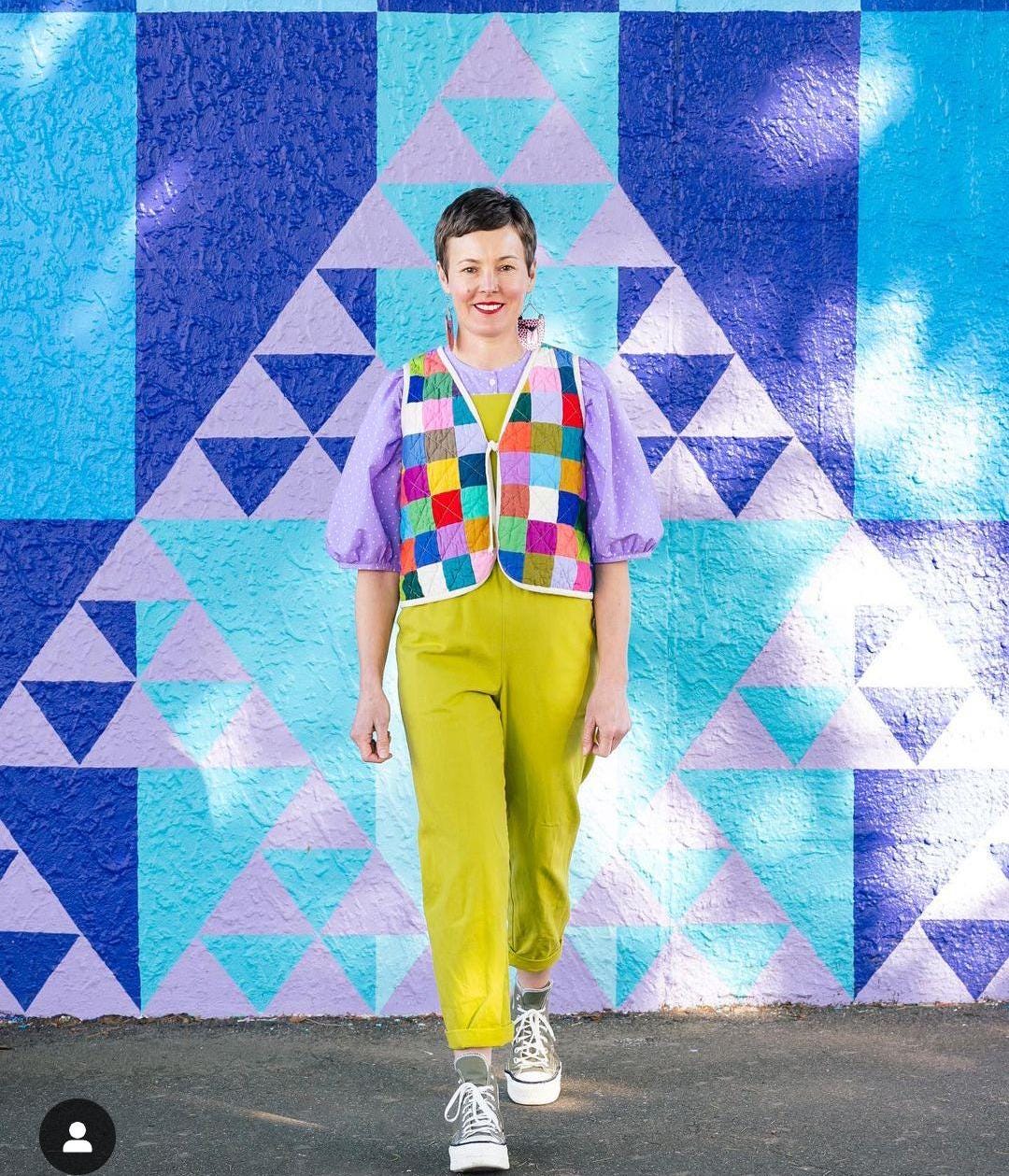 QUILTED VEST - Size XS - Patchwork with Blue Striped Lining