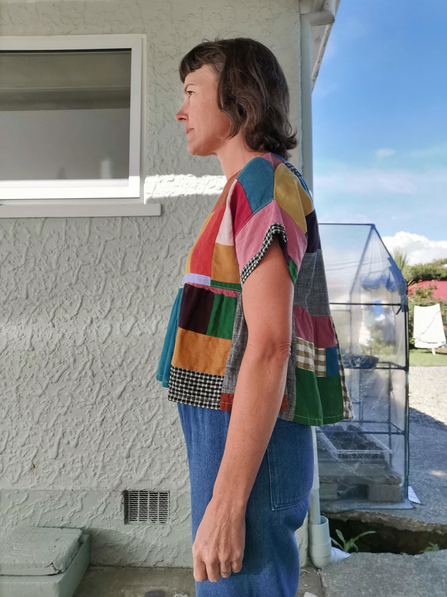 BOXY RUFFLE TOP - Size S - Scrappy Patchwork Linen Cotton