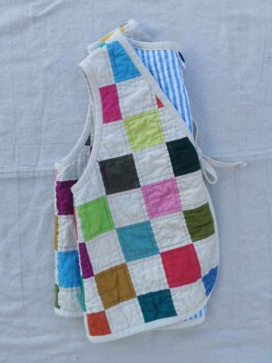 QUILTED VEST - Size XS - Patchwork with Blue Striped Lining