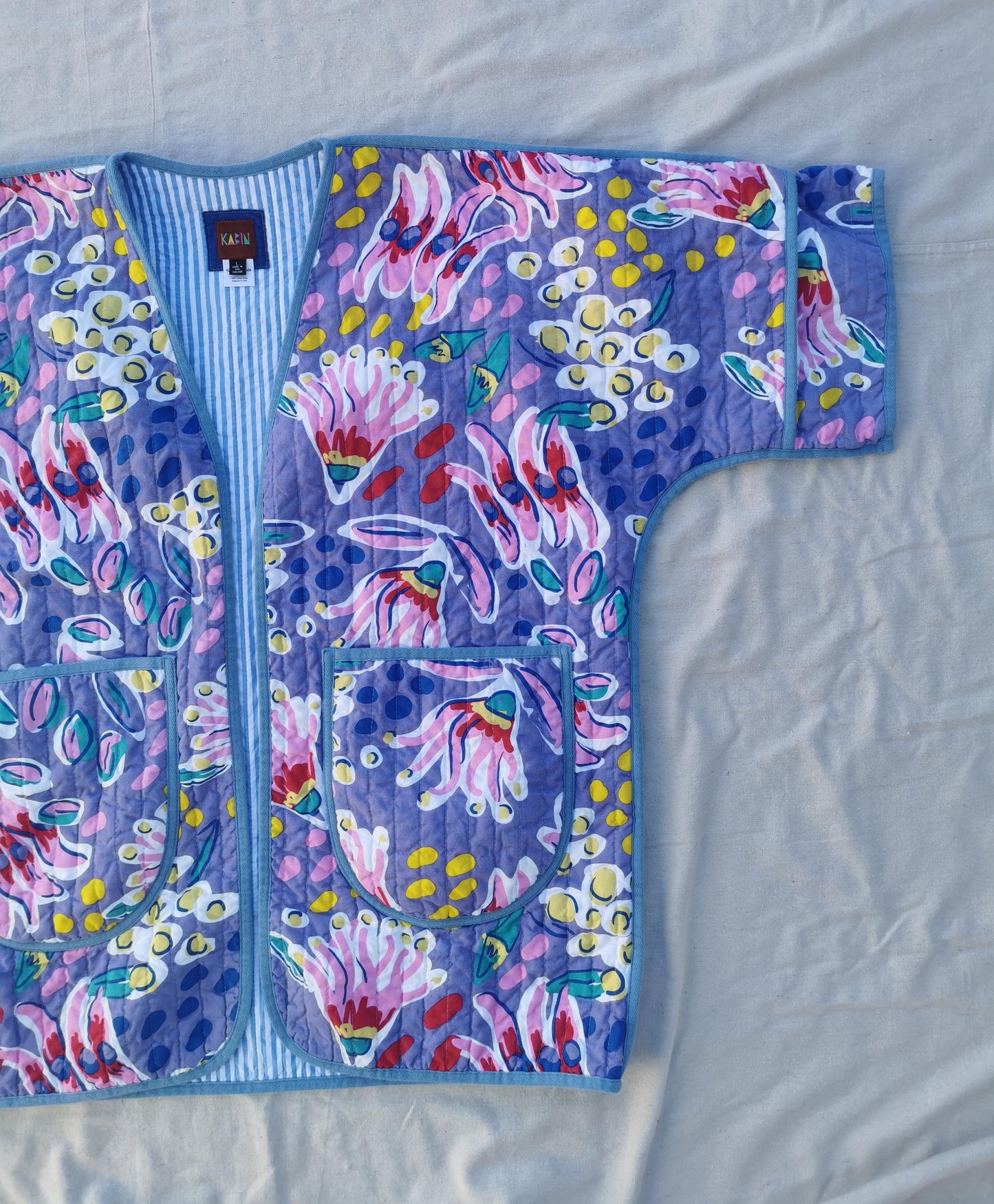 QUILT COAT - Size L - Bold Floral with Striped Lining