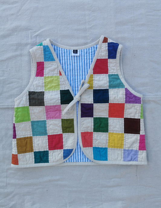 QUILTED VEST - Size XS - Patchwork with Blue Striped Lining