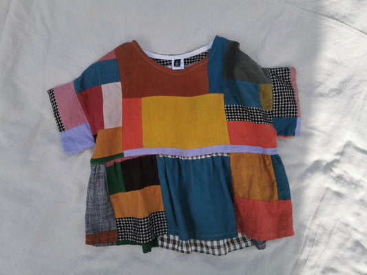 BOXY RUFFLE TOP - Size S - Scrappy Patchwork Linen Cotton