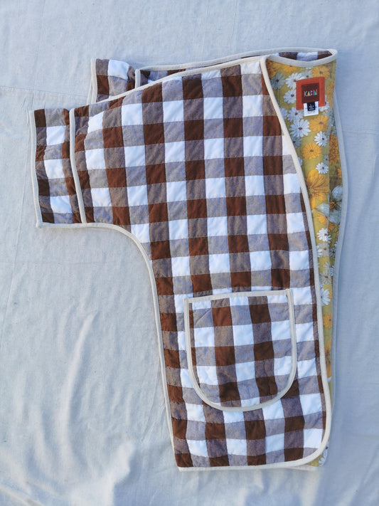 QUILT COAT - Size L - Brown Gingham with Retro Floral Lining