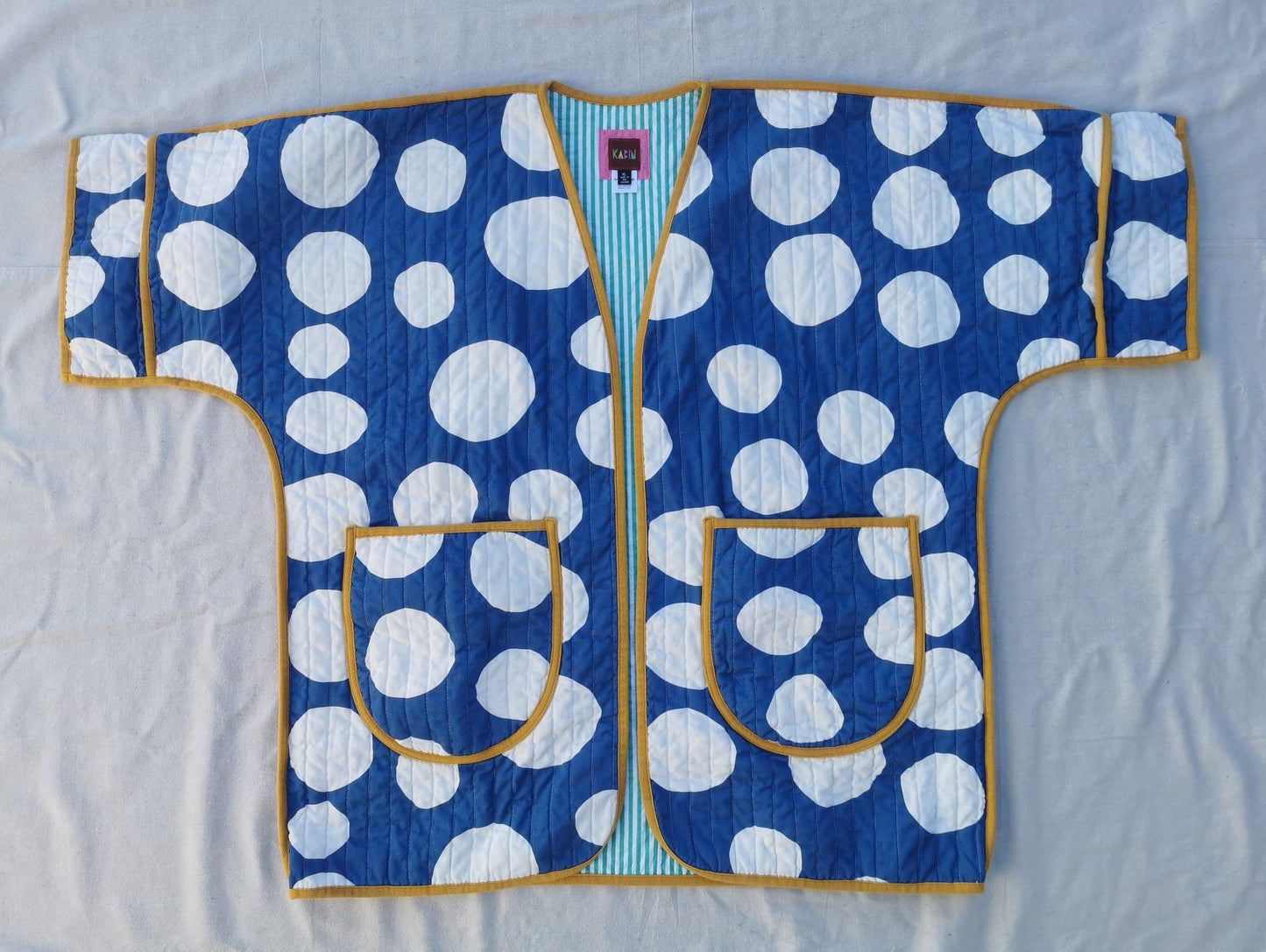 QUILT COAT - Size XL - Bold Blue Spot with Mustard Trim