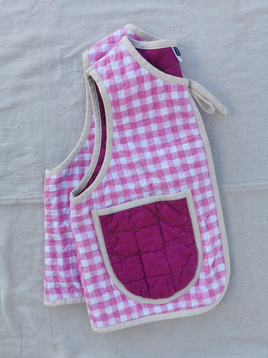 QUILTED VEST - Size M - Pink Gingham with Magenta Purple Pockets and Lining