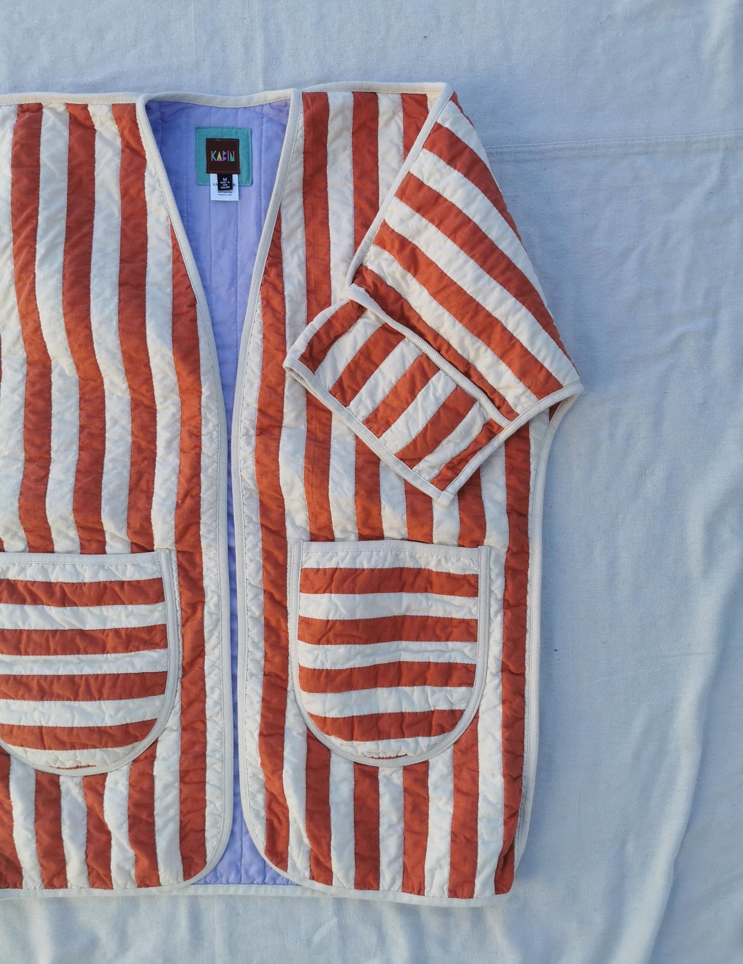 QUILT COAT - Size M - Bold Terracotta Stripe with Lilac Lining
