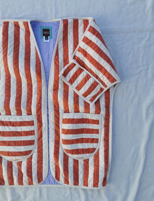 QUILT COAT - Size M - Bold Terracotta Stripe with Lilac Lining