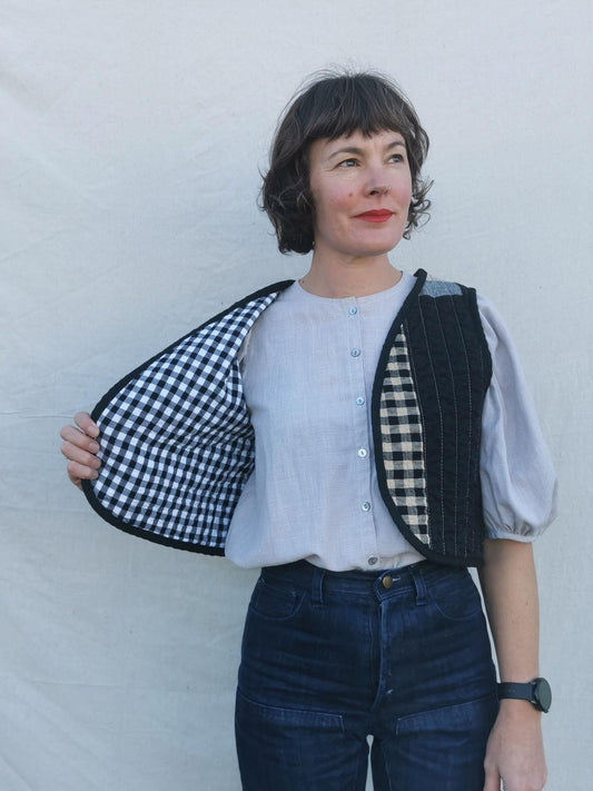 QUILTED VEST - Size S - Linen Cotton Scrappy Patchwork