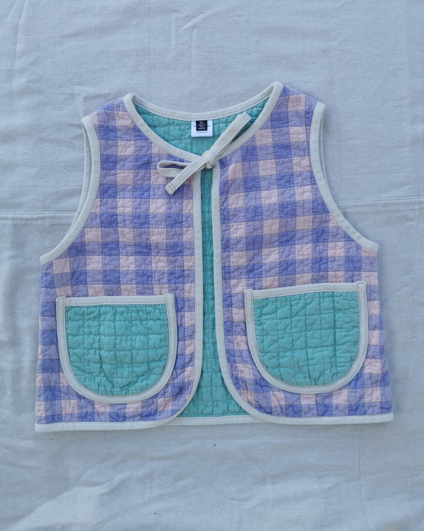 QUILTED VEST - Size XS - Lilac and Pink Plaid with Mint Lining