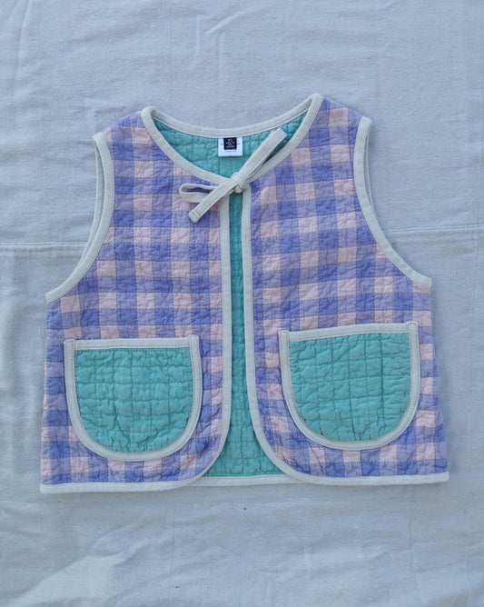 QUILTED VEST - Size XS - Lilac and Pink Plaid with Mint Lining