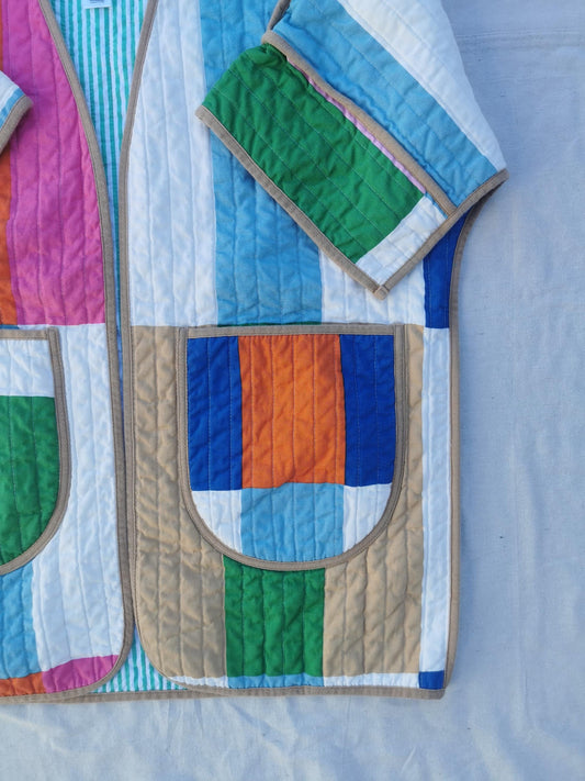 QUILT COAT - Size L - Rectangles with Striped Lining