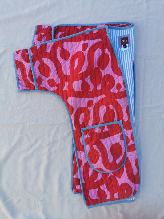 QUILT COAT - Size S - Bold Red and Pink Print with Striped Lining