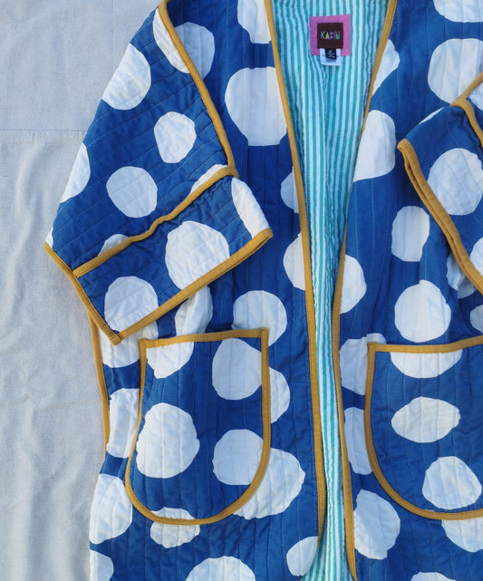 QUILT COAT - Size XL - Bold Blue Spot with Mustard Trim