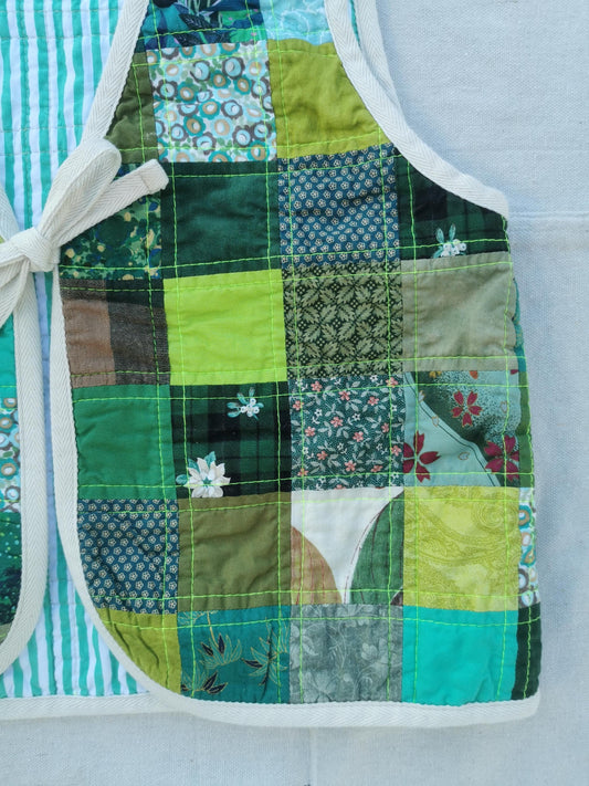 QUILTED VEST - Size XS - Green Patchwork with Minty Striped Lining