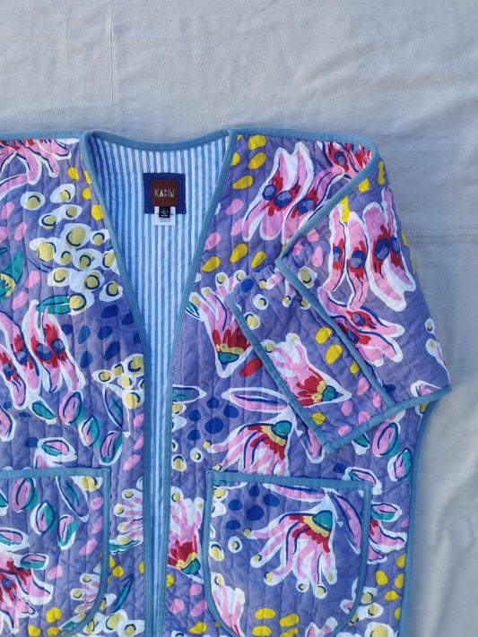QUILT COAT - Size L - Bold Floral with Striped Lining