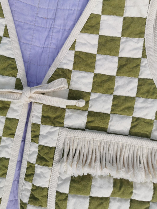 QUILTED VEST - Size S - Checker Patchwork with Pocket Fringe