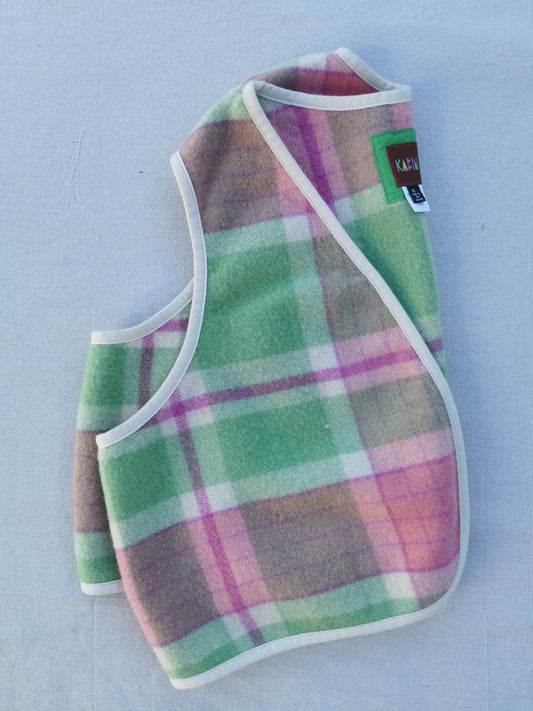 VINTAGE WOOL VEST - Size XL - Green + Pink with Cotton Trim