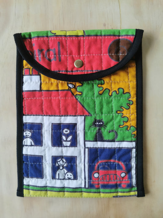 Quilted Tablet Pouch - Vintage Print (House with Cat) - One of a Kind