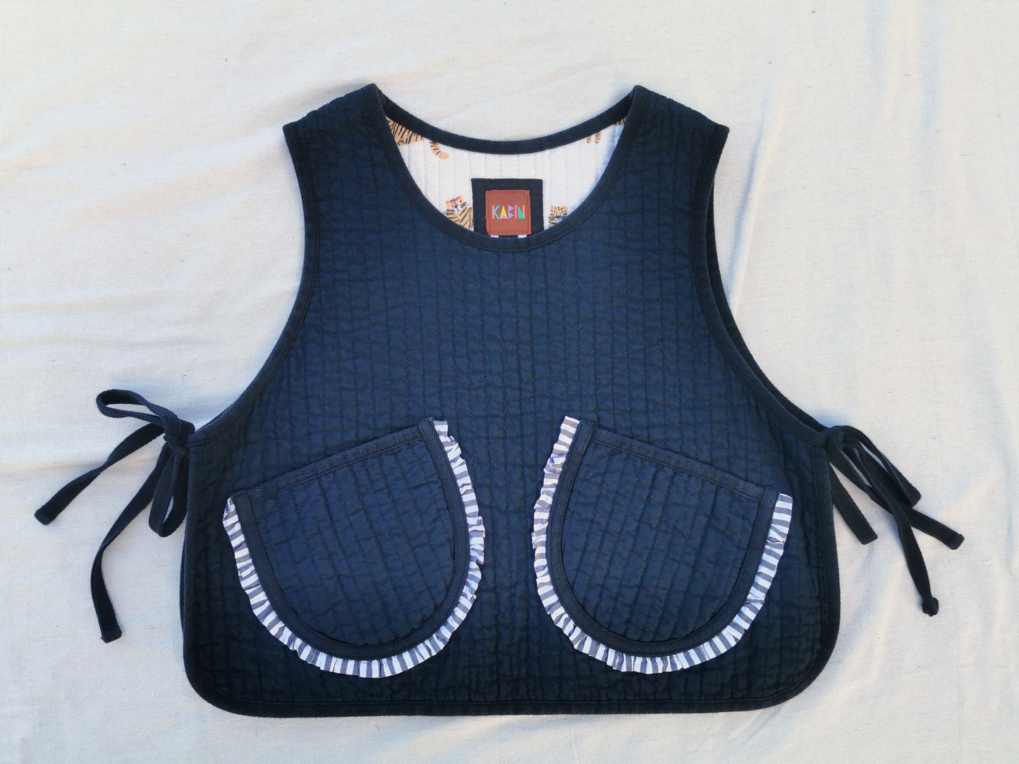 QUILTED VEST - Size S - Black Linen Cotton with Side Ties