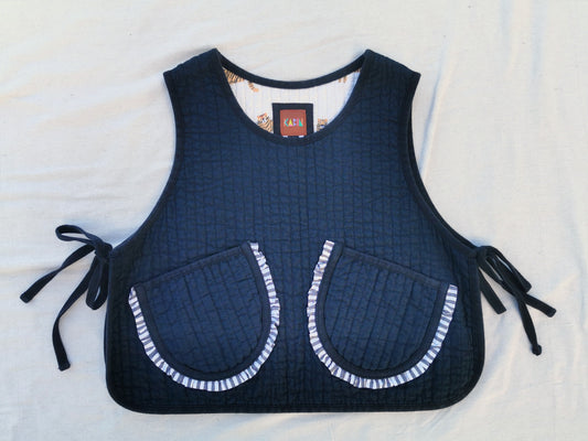 QUILTED VEST - Size S - Black Linen Cotton with Side Ties