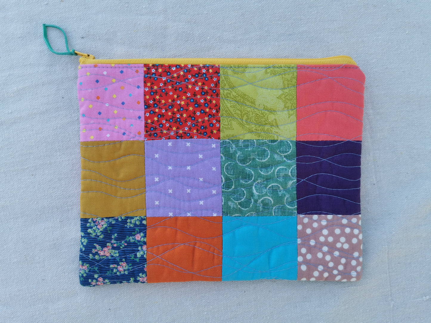 Quilted Patchwork Zipper Pouch - Wavy Stitches