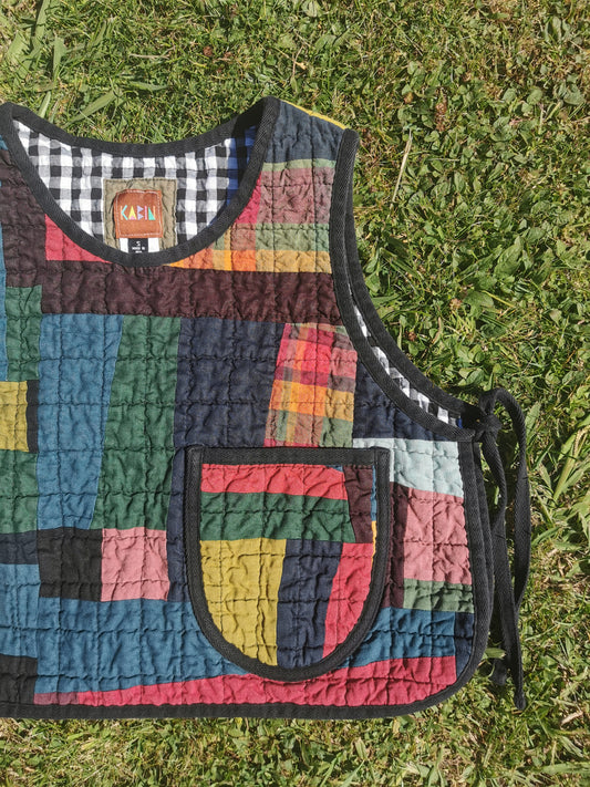 QUILTED VEST - Size S - Improv Patchwork with Side Ties