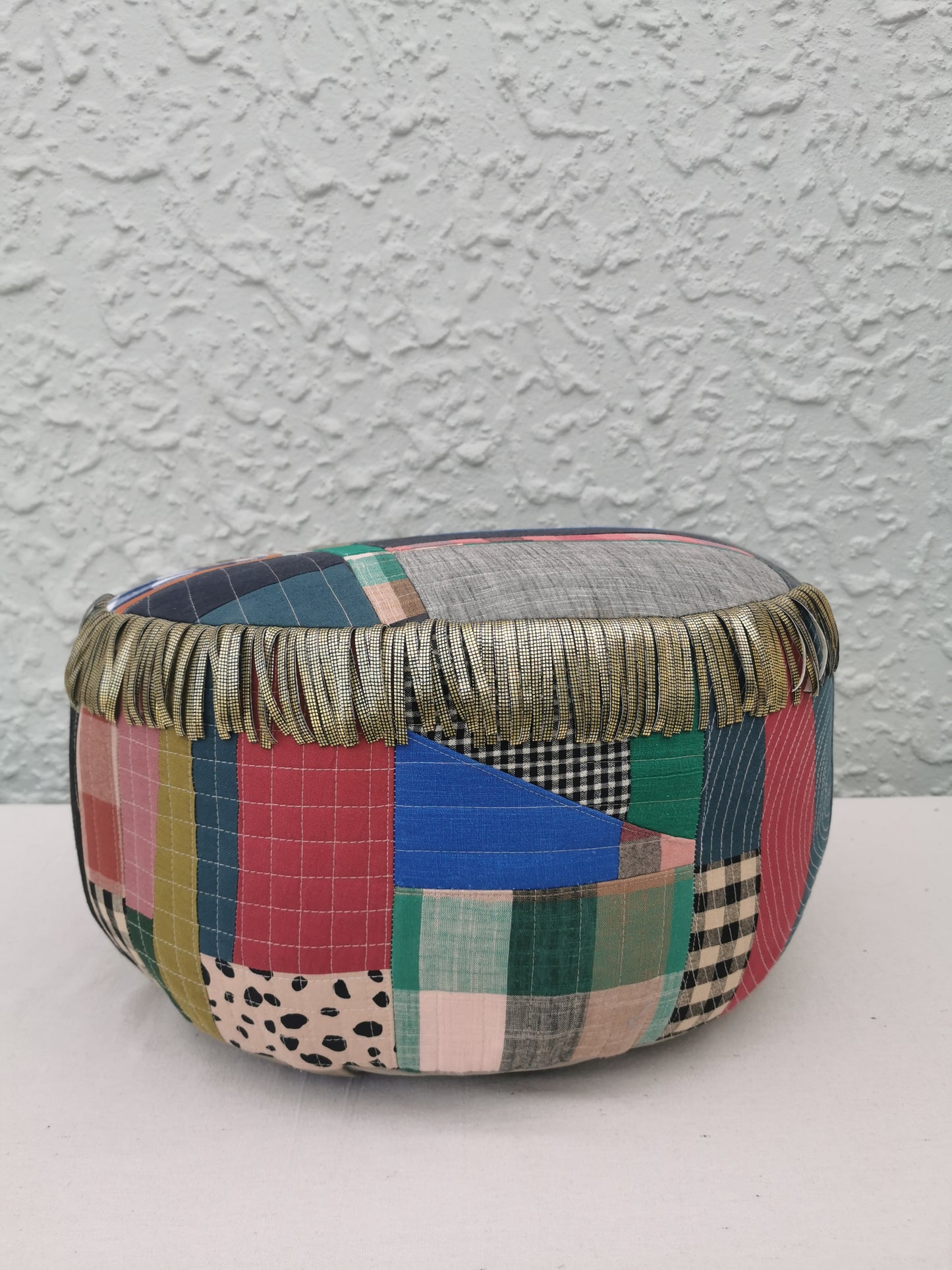 Improv Patchwork Pouffe with Gold Fringe