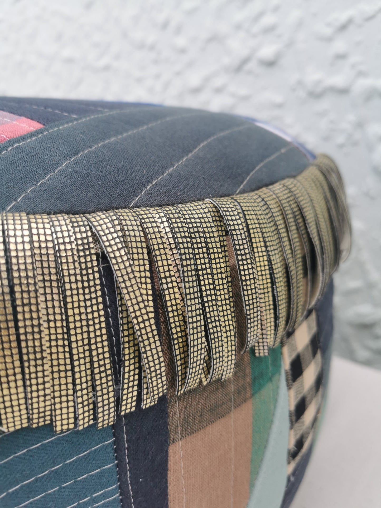 Improv Patchwork Pouffe with Gold Fringe