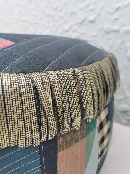 Improv Patchwork Pouffe with Gold Fringe