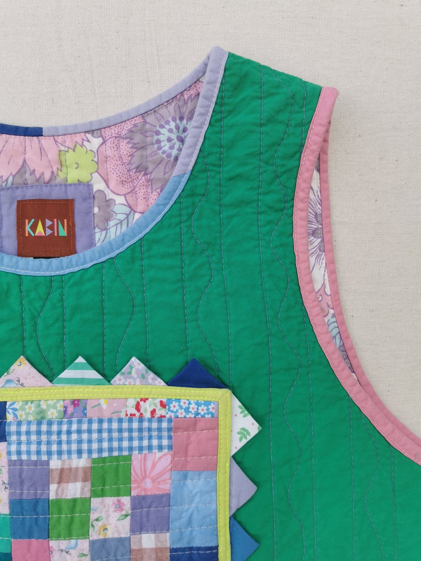 11/12 QUILTED ART VEST - Size M - Improv Patchwork with Side Ties