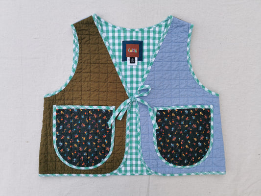 QUILTED VEST - Size S - Blue and Green with Floral Pockets and Mint Lining