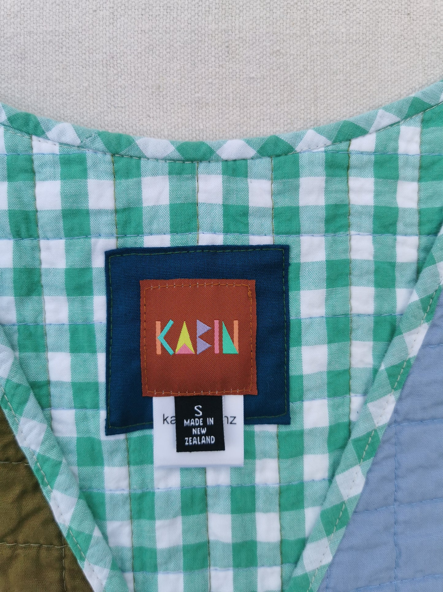 QUILTED VEST - Size S - Blue and Green with Floral Pockets and Mint Lining