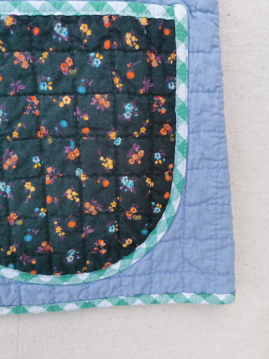 QUILTED VEST - Size S - Blue and Green with Floral Pockets and Mint Lining