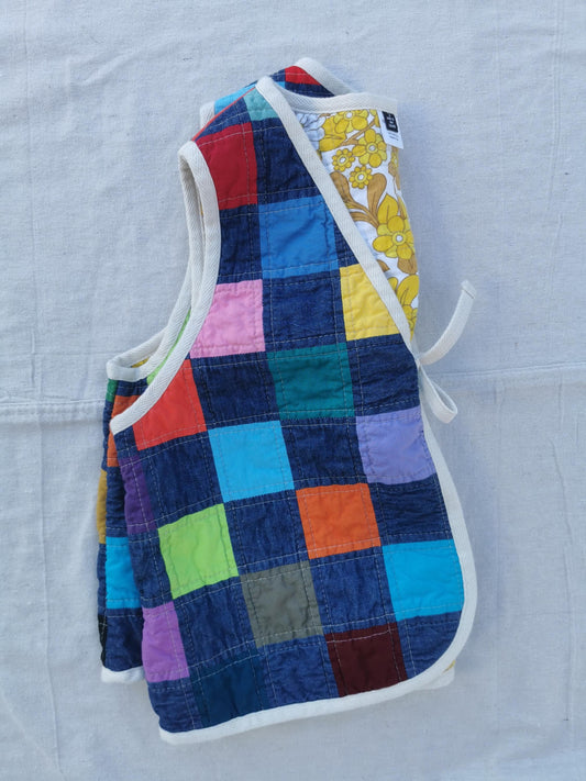 QUILTED VEST - Size S - Bright Patchwork Denim with Vintage Floral Lining