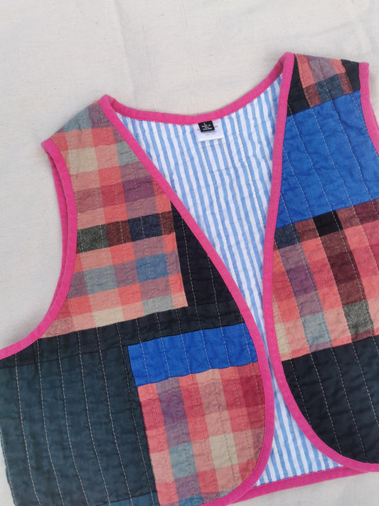 QUILTED VEST - Size L - Linen Cotton Scrappy Patchwork