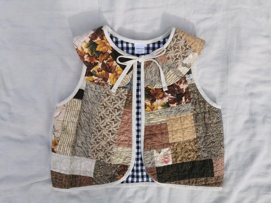 QUILTED VEST - Size S - Brown Patchwork with Collar