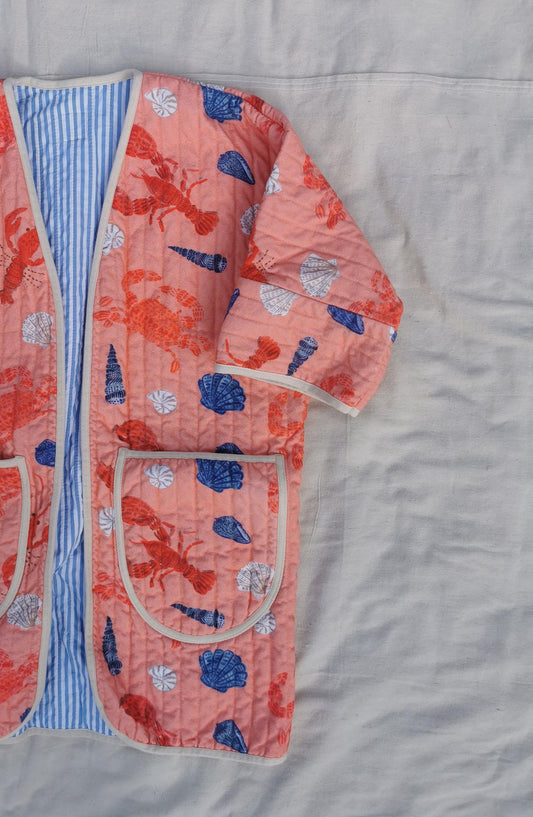 QUILT COAT - Size M - Quilted Peachy Lobster Cotton with Striped Lining