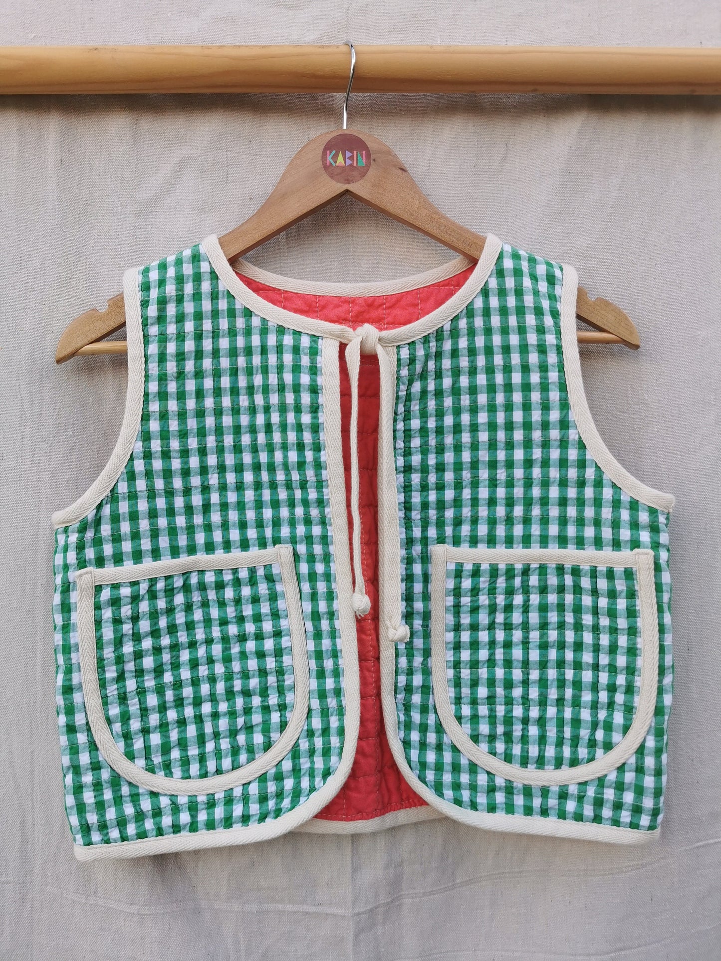 KIDS QUILTED VEST - Size 10 - Green Gingham and Coral Pink