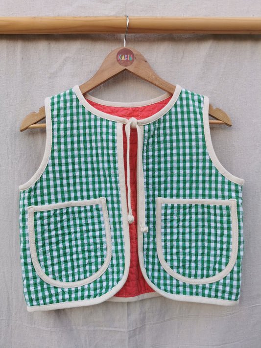 KIDS QUILTED VEST - Size 10 - Green Gingham and Coral Pink
