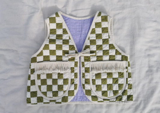 QUILTED VEST - Size S - Checker Patchwork with Pocket Fringe