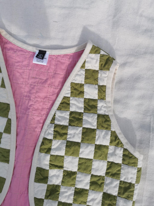 QUILTED VEST - Size XS/S - Checker Cotton with Bubblegum Pink Lining
